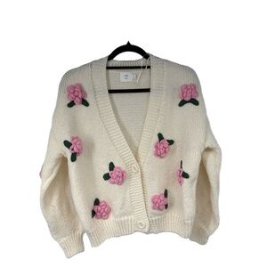 Luna‎ Ivy White 3D Pink Roses Cardigan Womens XS Cottagecore Granny